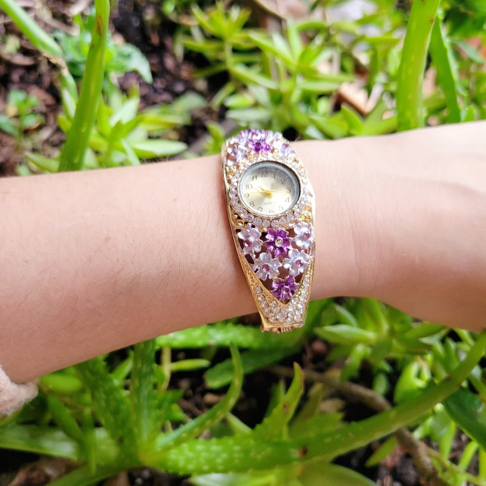 Ornate Floral Rhinestone Gold & Purple Watch